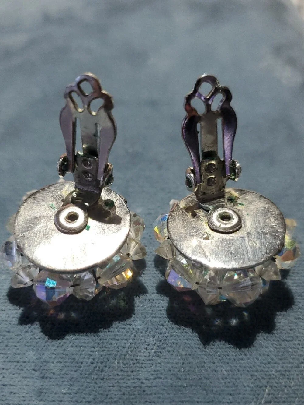 Vintage Iridescent Crystal Cluster Stud Earrings - Clear Aurora Rainbow Clip On